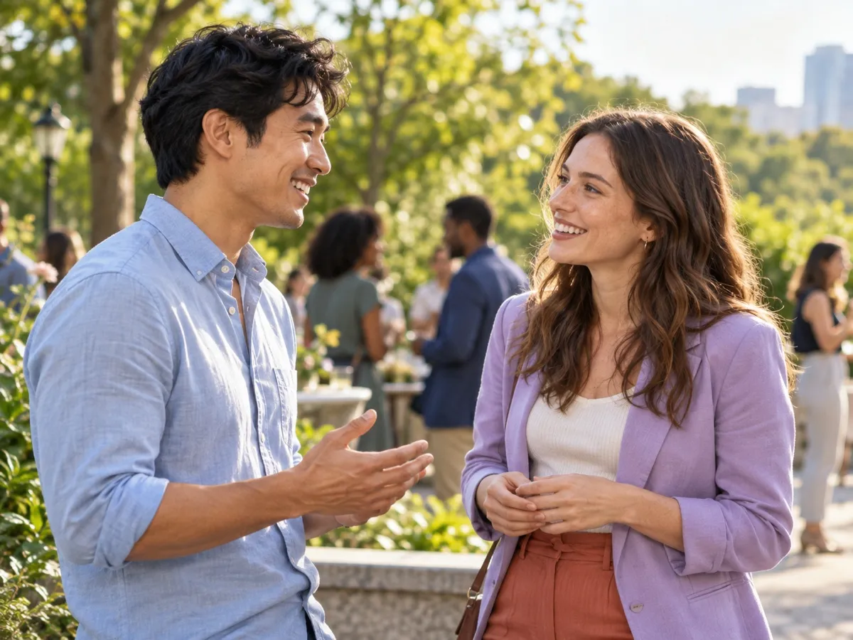Two people smiling together outdoors after a friendly conversation