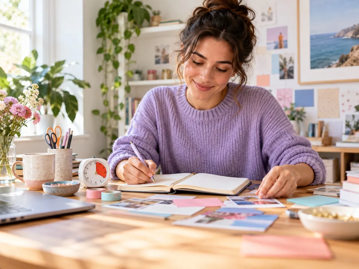 A woman smiling while working on a creative project at her desk